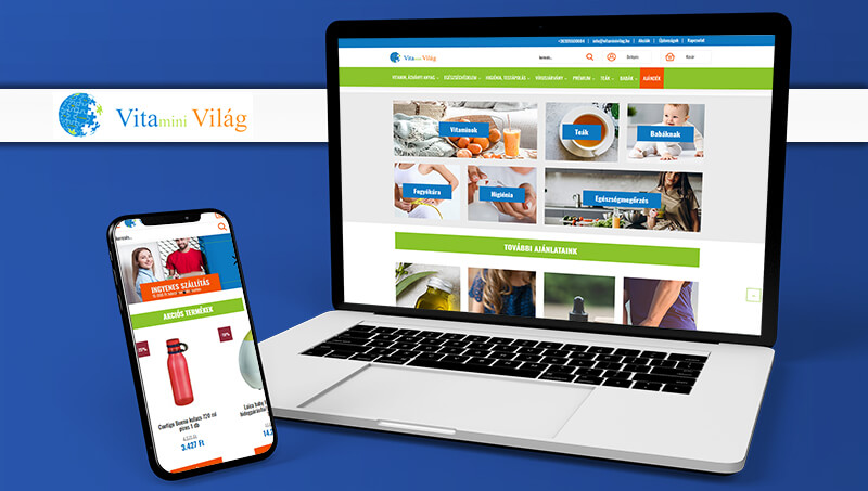 VitaMiniVilág webáruház kialakítása. Tervezés, webdesign, programozás, webshop kialakítása, alapbeállítások.