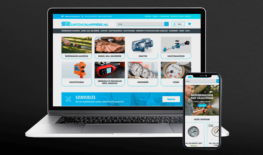 Szivattyualkatresz.hu webáruház átalakítása Shoprenter rendszerben. Webdesign-webfejlesztés, egyedi fejlesztés. Alfadesign